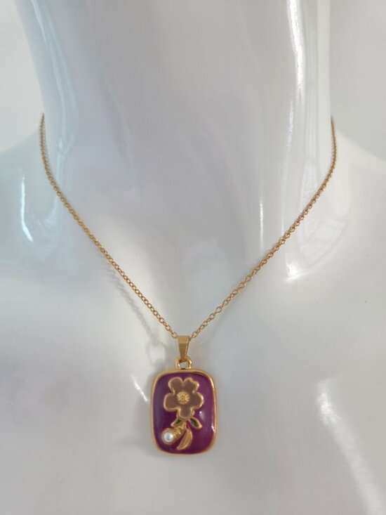 Jewelry - Gold Purple Enamel Flower Pendant Necklace Dainty Pearl Accent Jewelry
